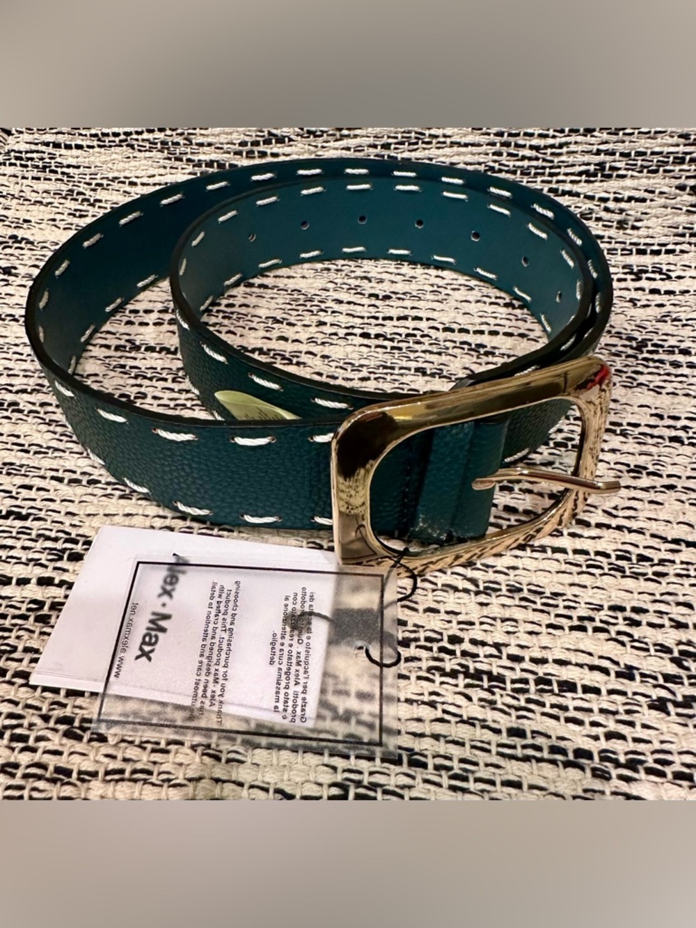 Alex-Max Ladies Teal Leather White Stitch Gold Buckle Belt, Size Small